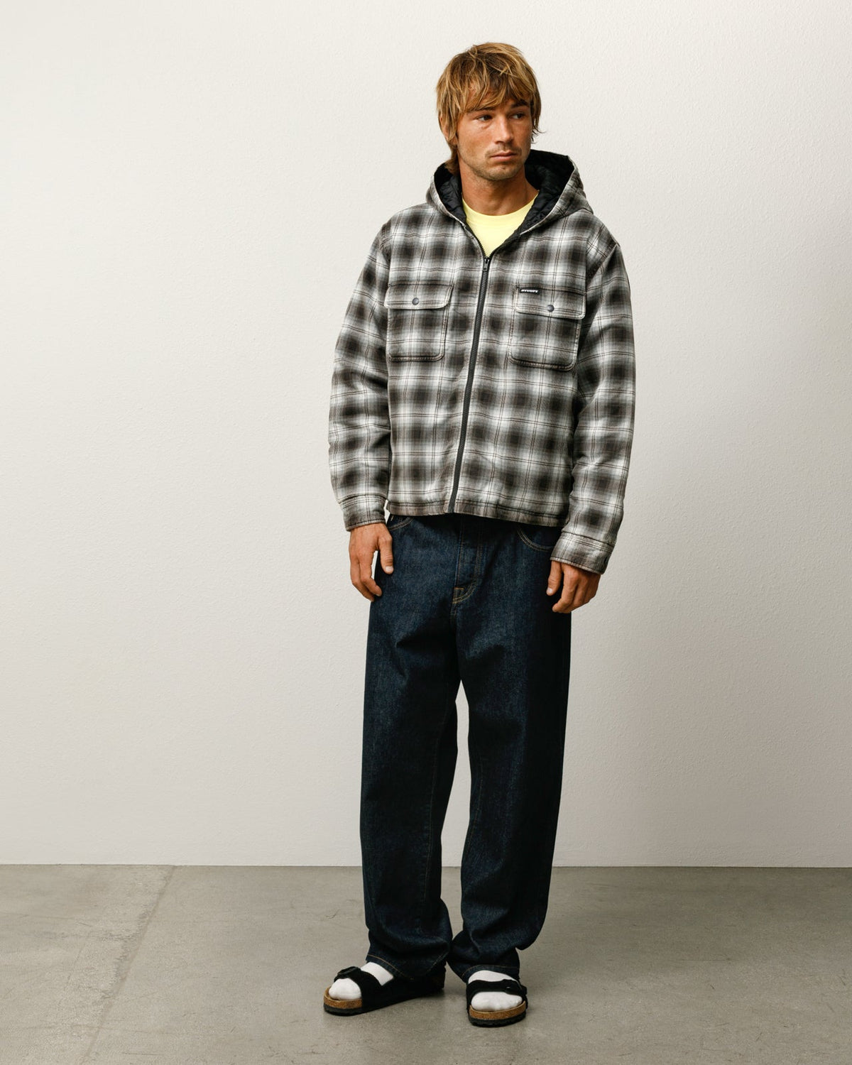 ZIP HOODED PLAID SHIRT - Charcoal