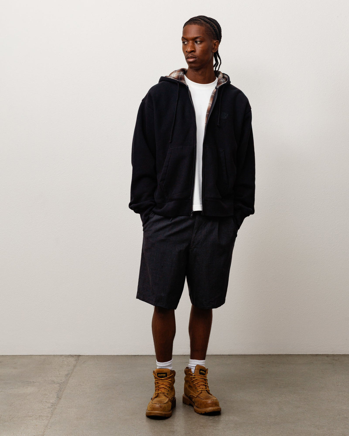 PLAID LINED ZIP HOODIE - Black