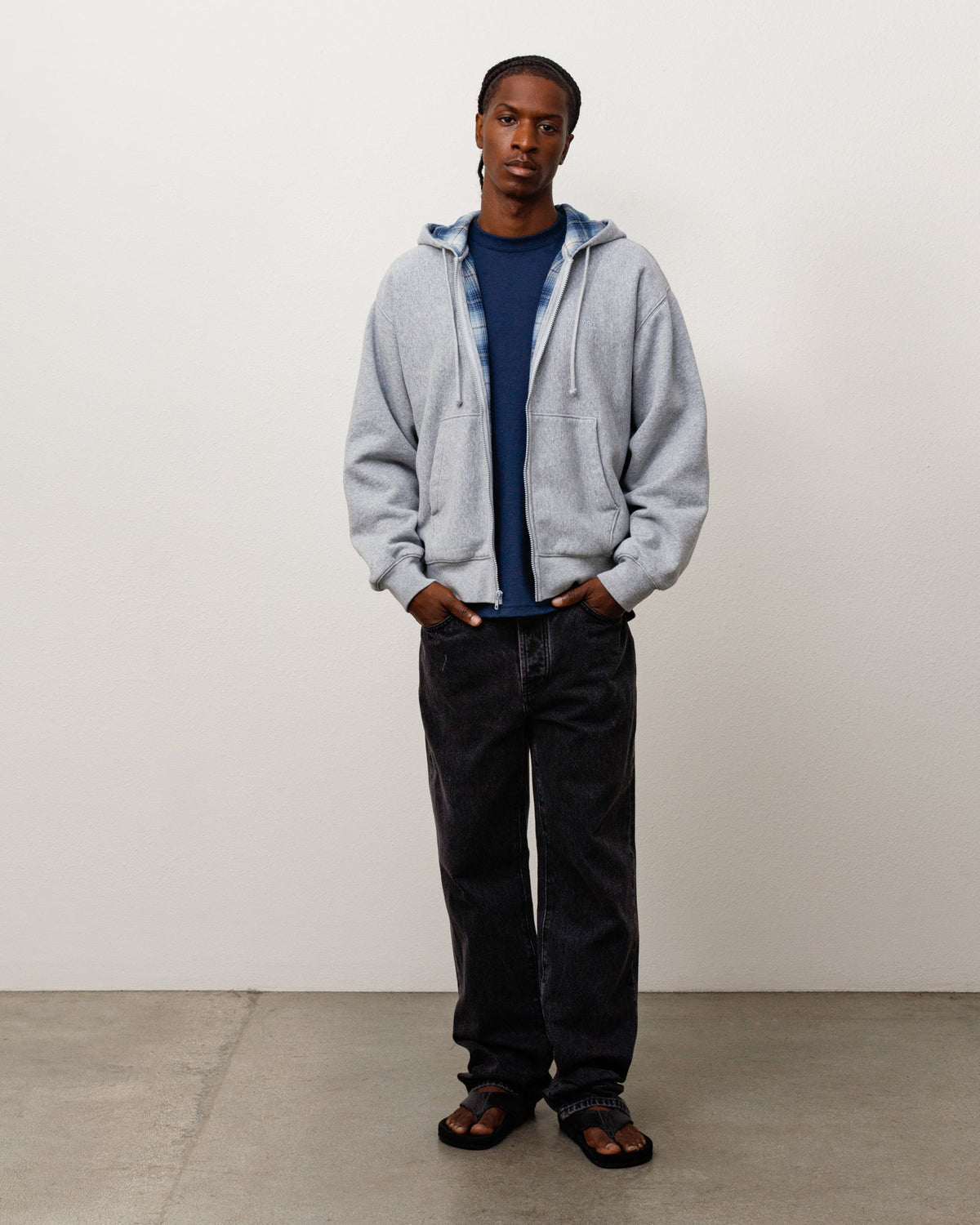 PLAID LINED ZIP HOODIE - Grey Heather